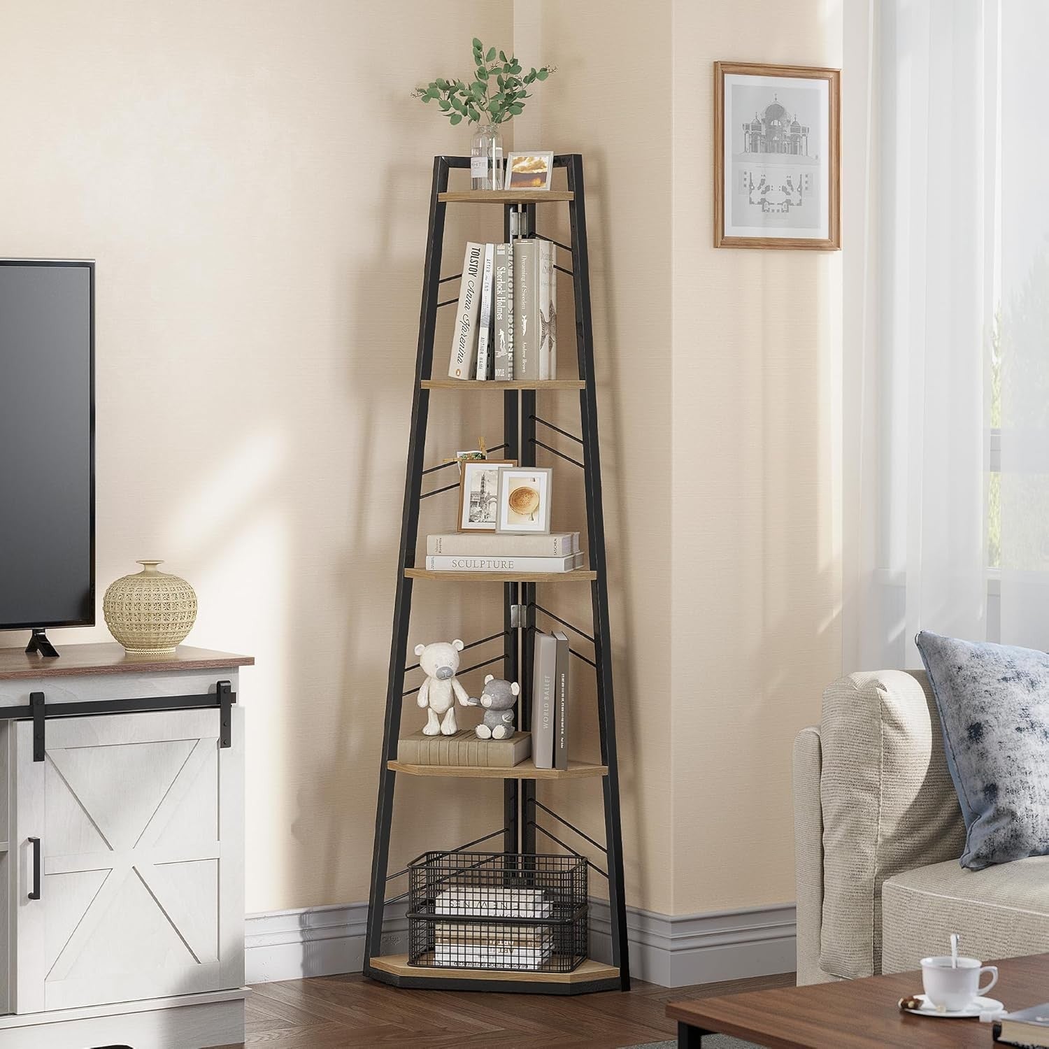5-Tier Corner Bookshelf Industrial Ladder Shelf Tall Slim Display Unit for Home