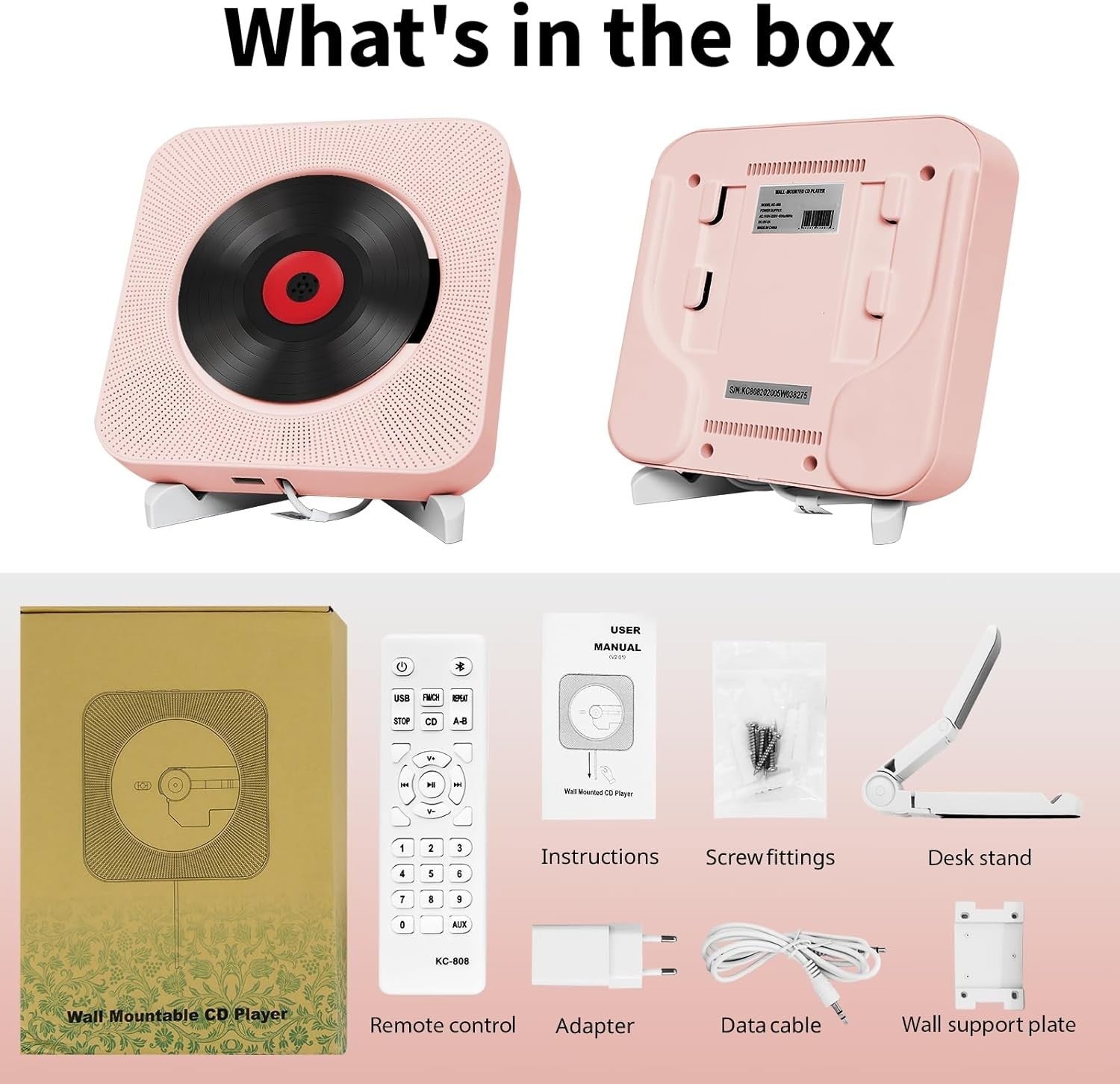 Pink Bluetooth CD Player Wall Mount Desktop HiFi Speakers FM Radio Remote