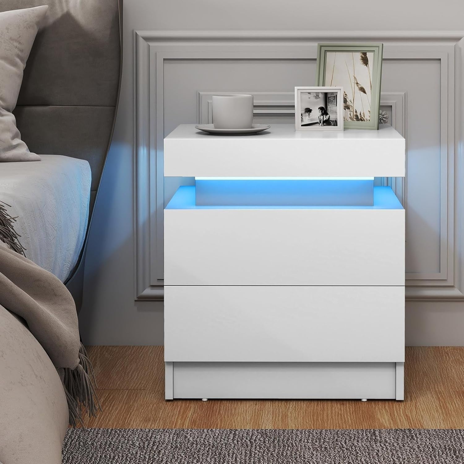 LED Bedside Table, White High Gloss Nightstand with RGB Lights & 2 Drawers