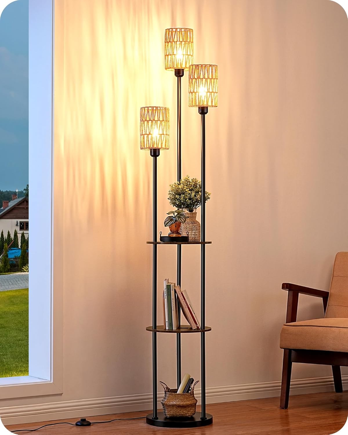 Boho Floor Lamp with Shelves 3 Light Rattan Standing Lamp LED E27