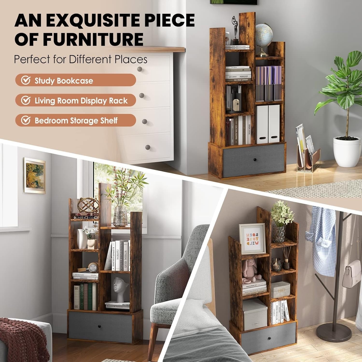 7-Tier Rustic Brown Wooden Bookshelf with Drawer, Space-Saving Storage