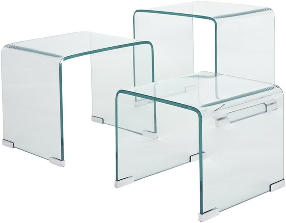Nest of 3 Clear Glass Coffee Side End Tables Modern Space Saving Set