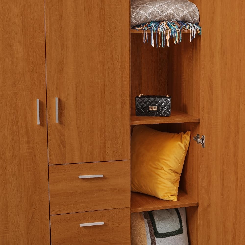 Large 3 Door Wardrobe with 3 Drawers, Shelves & Hanging Rail - Brown Bedroom