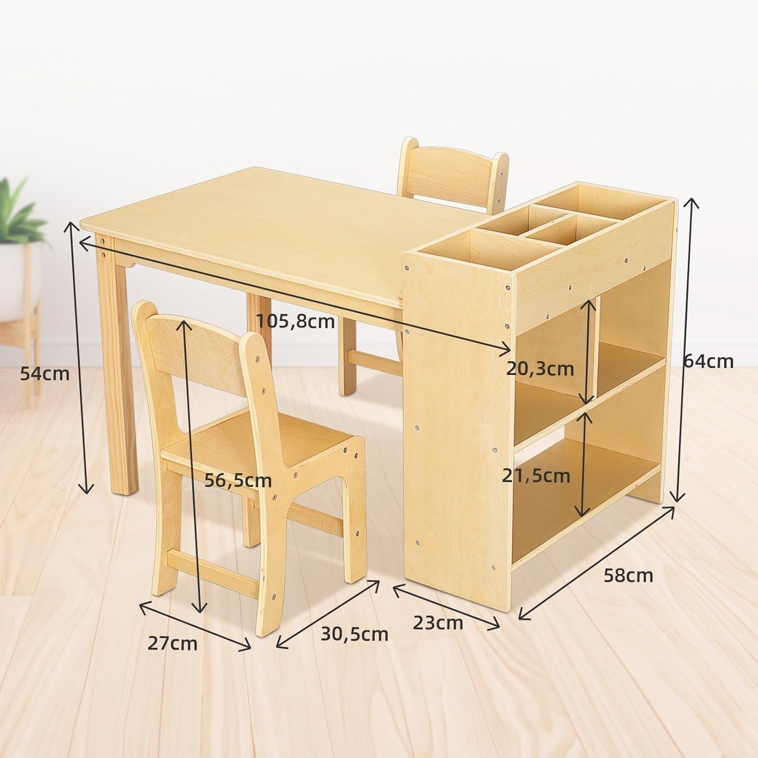 Kids Art Table & 2 Chairs with Storage Shelves Wooden Activity Play Desk