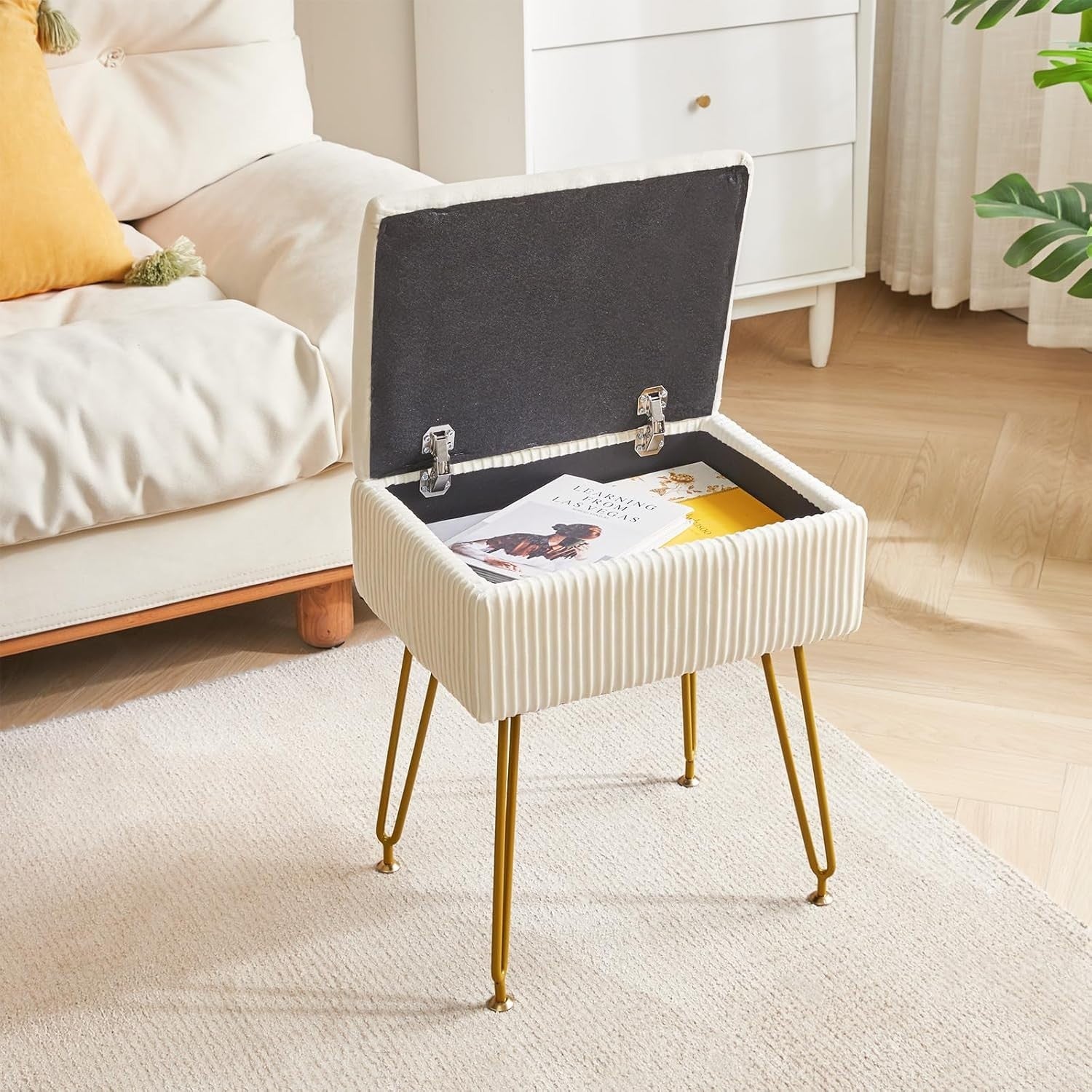 Beige Velvet Storage Ottoman Stool Square Bench Dressing Table Seat
