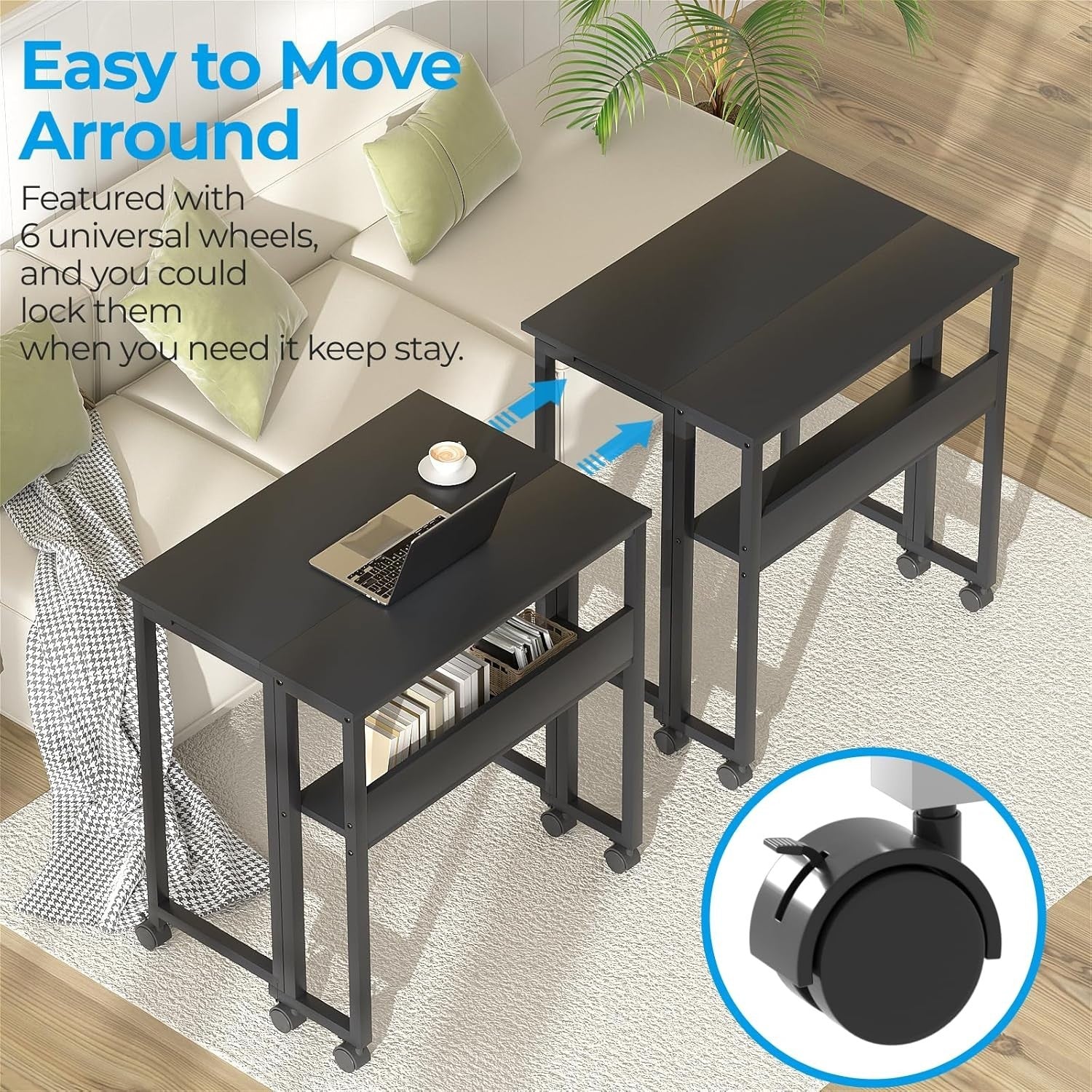 Folding Desk with Shelf & Wheels 80cm Portable Black Computer Table