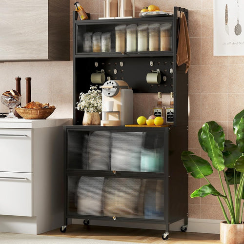 80x40x163cm Black Rolling Kitchen Cabinet 5-Tier Pantry Storage with Wheels