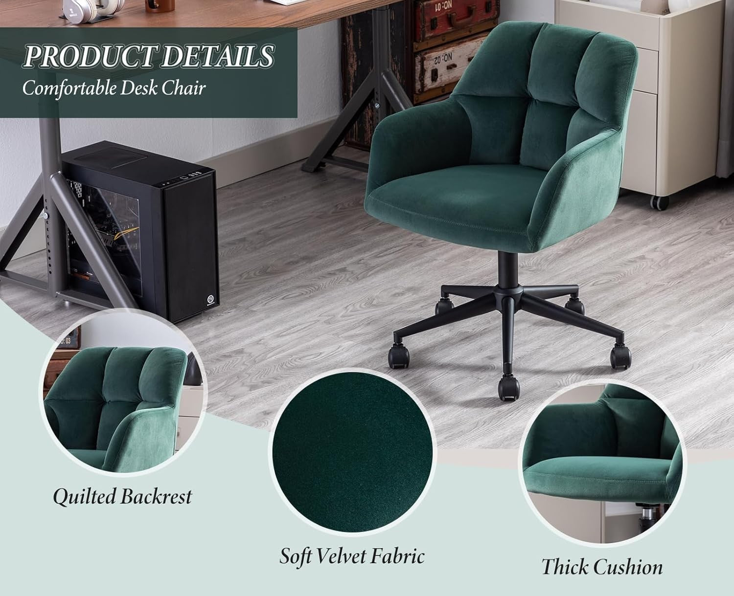 Green Velvet Office Chair Swivel Desk Chair Padded Seat Solid Back Home Study
