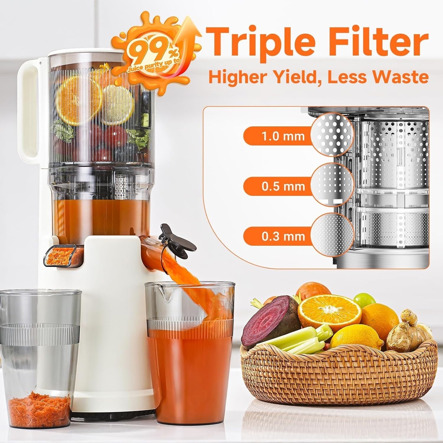 Cold Press Juicer 135mm Wide Chute Whole Fruit Slow 200W High Yield White
