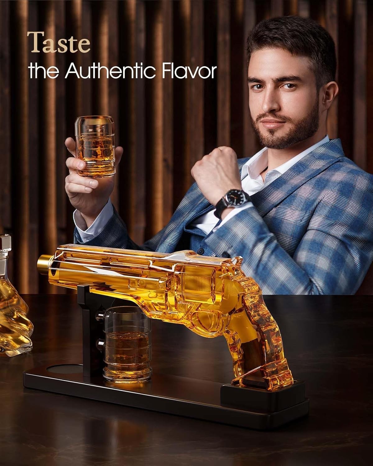 Gold Gun Whiskey Decanter Set with 2 Glasses Display Stand Unique Bar Gift