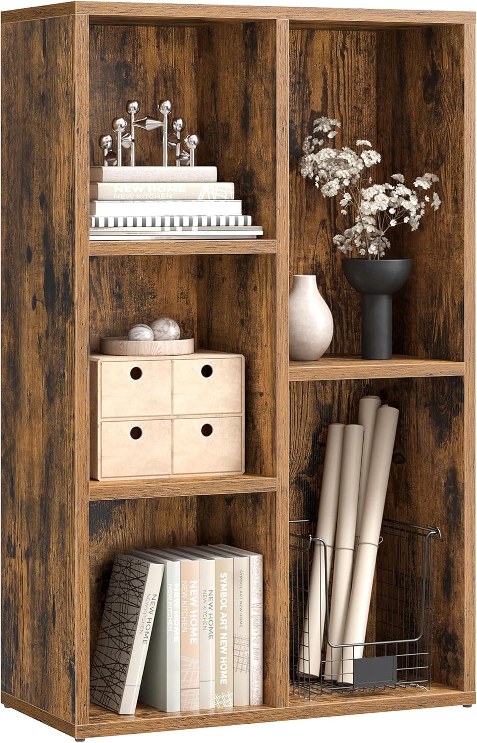 5-Compartment Rustic Bookshelf | Modern Cube Storage Shelf for Home Office
