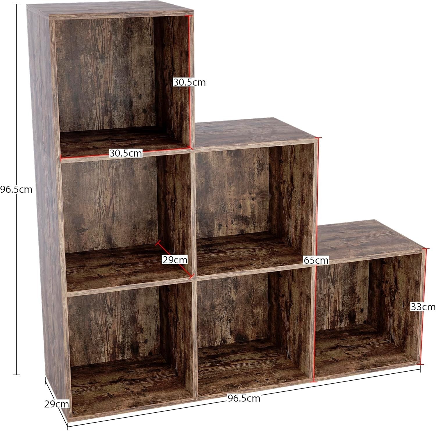 Dark Wood 6 Cube Staircase Bookcase with 3 Grey Baskets – Modern Storage Unit