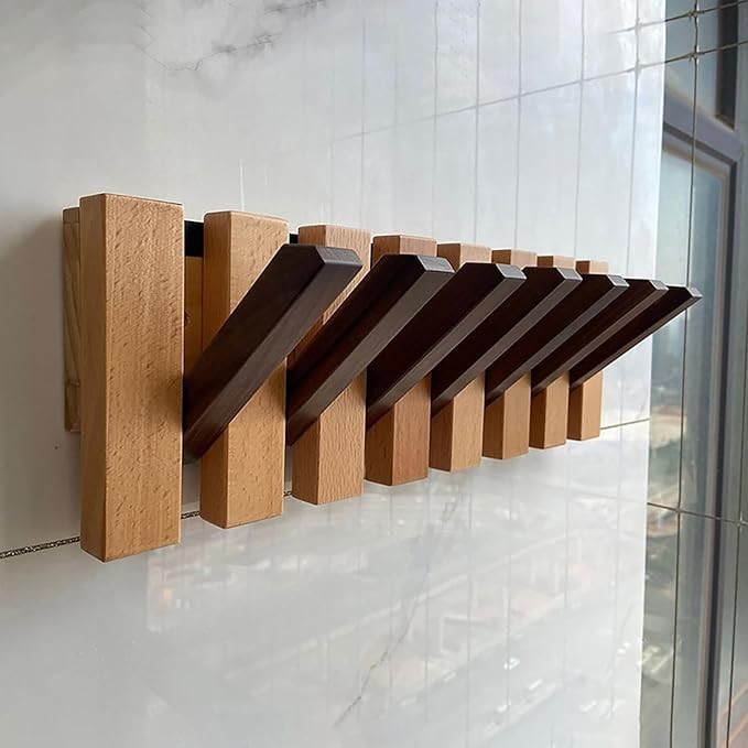 Wooden Wall Mounted Coat Rack | Piano Style Foldable Hooks Entryway Organizer