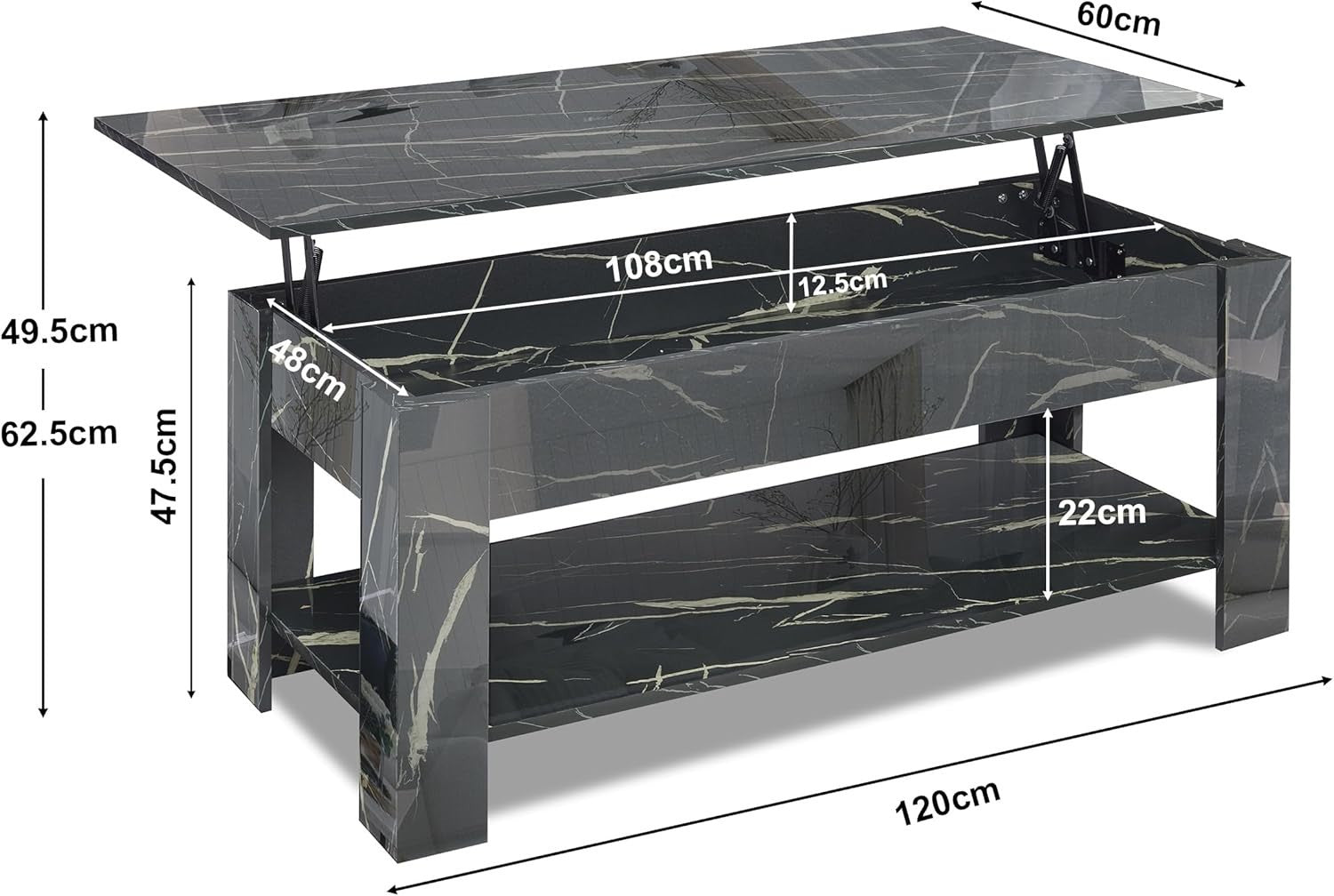 High Gloss Lift Top Coffee Table with Storage Black Marble 120cm Modern