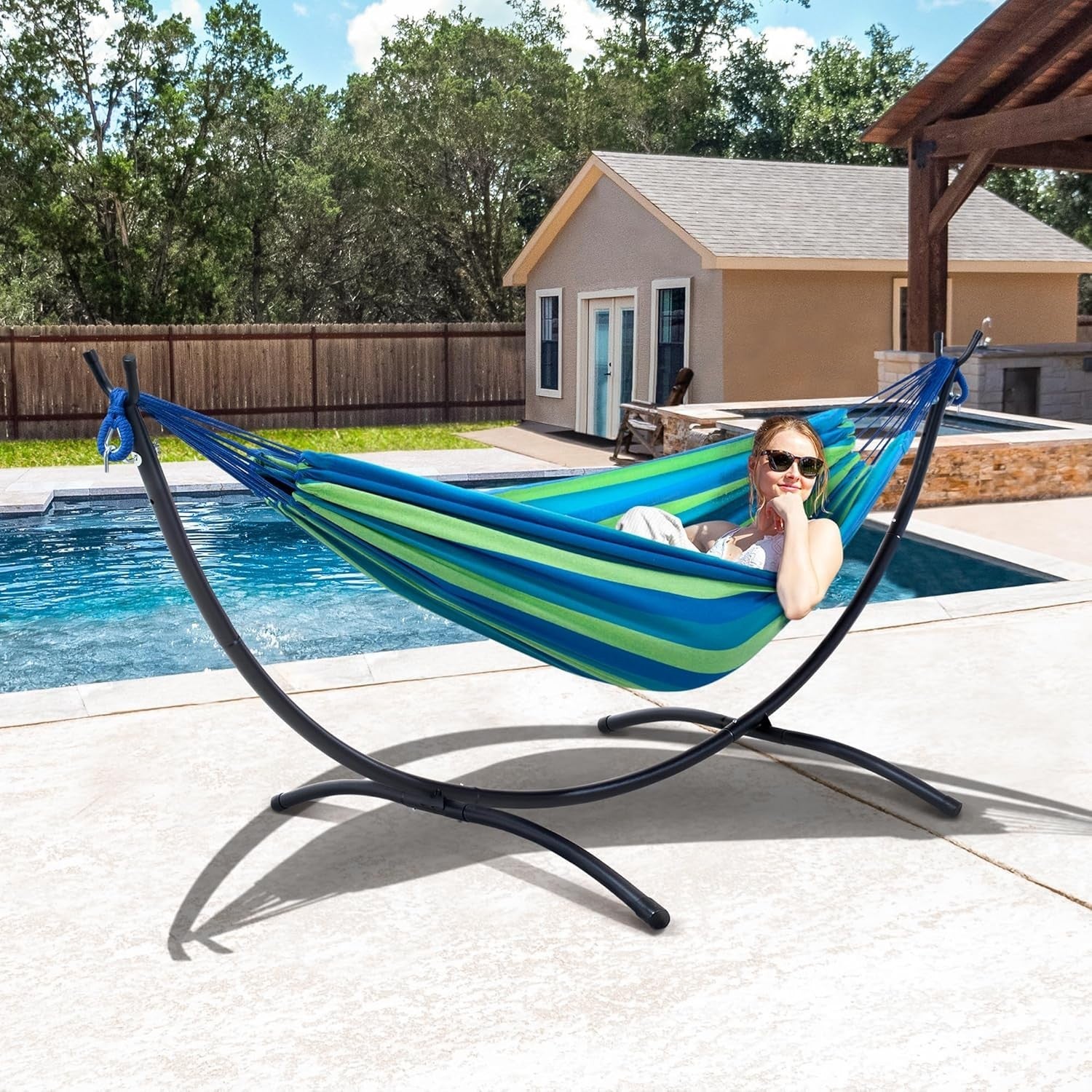 Blue Green Hammock with Stand | 2-3 Person 475lb Capacity | Portable Garden Bed