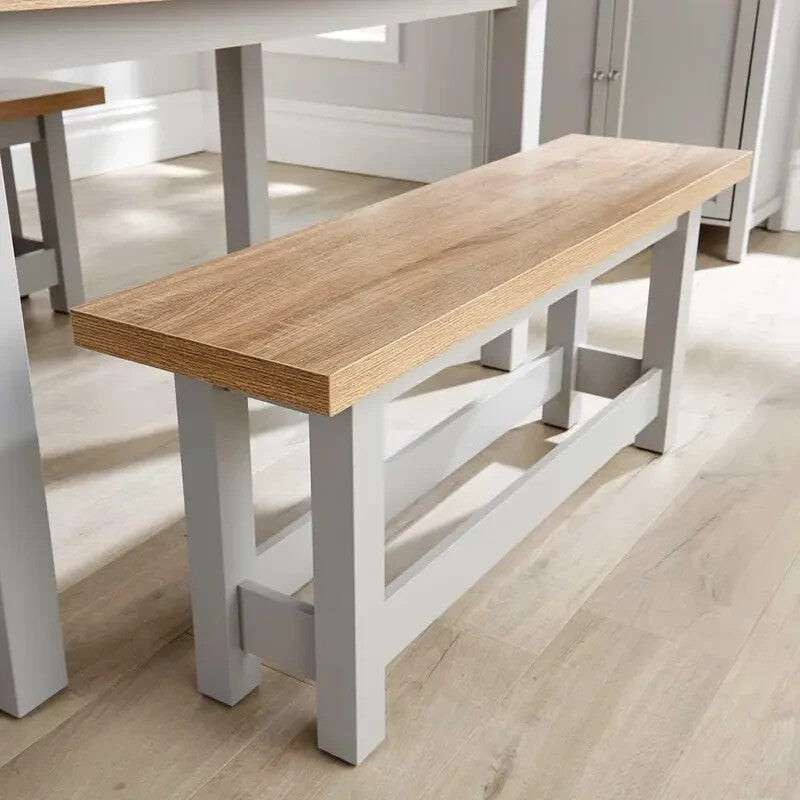 Oak Effect Dining Table & 2 Bench Set Grey Painted MDF Compact Kitchen Set
