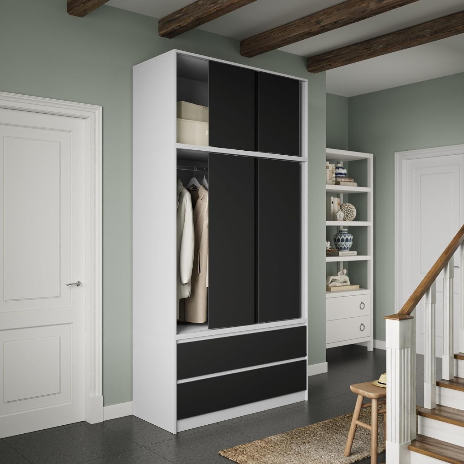 Black Door Sliding Wardrobe 240cm 6 Doors 4 Drawers Spacious Bedroom Closet