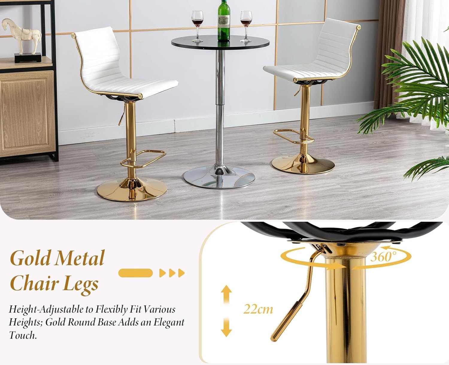 Adjustable White PU Leather Bar Stools Set of 2 Swivel Kitchen Counter