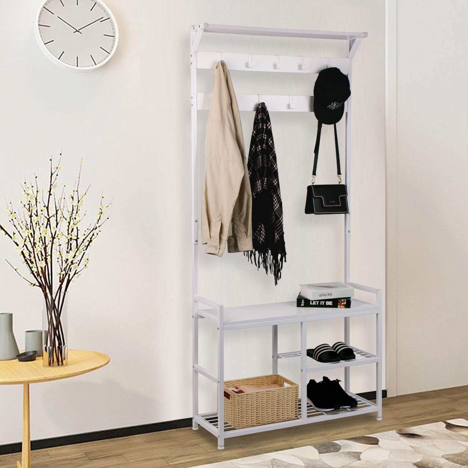 White Industrial Coat Rack with Shoe Bench | 9 Hooks Metal Frame Hall Tree