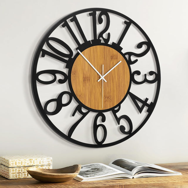 20" Large Wall Clock Modern Wood & Metal Silent Arabic Numerals Home Decor
