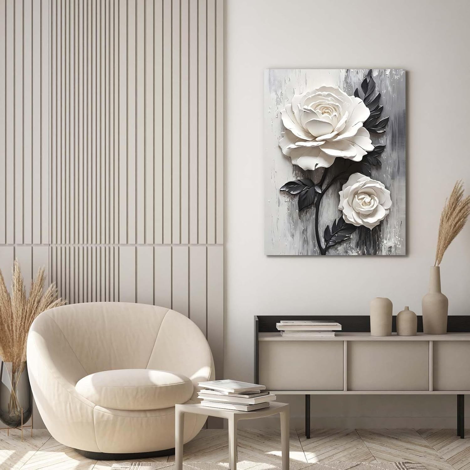 White Rose 3D Floral Canvas Wall Art 12x16 Framed Modern Bedroom Decor