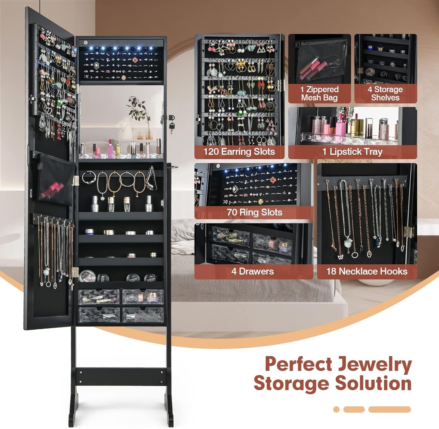 Lockable Standing Jewelry Armoire Mirror LED Lights Adjustable Angle Storage