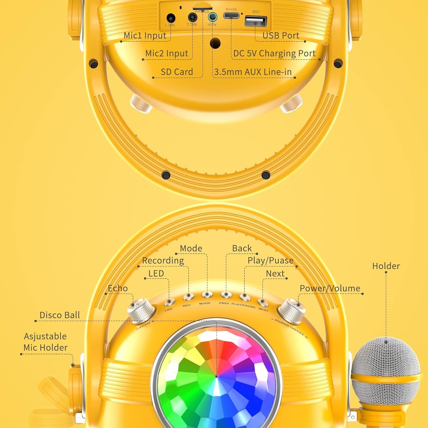 Kids Karaoke Machine Bluetooth Speaker 2 Mics LED Lights Yellow