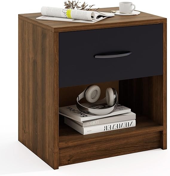 Modern Brown Bedside Table with Drawer & Open Shelf | Compact Nightstand