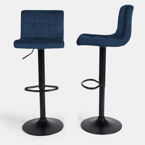 Set of 2 Adjustable Navy Blue Velvet Bar Stools with Swivel & Footrest