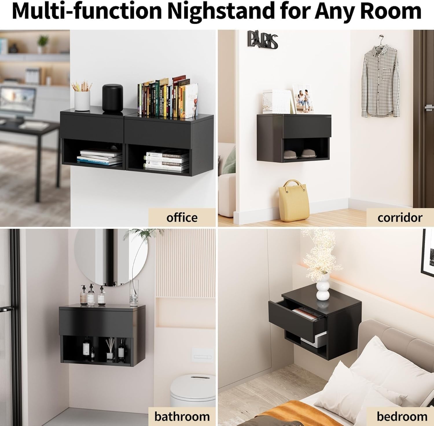 Modern Floating Bedside Tables Set of 2 – Wall Mounted Drawers & Shelves