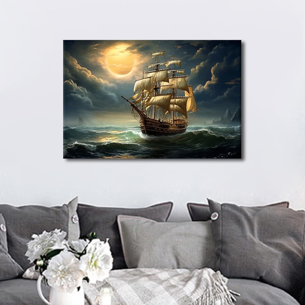Old Sailing Ship Canvas Wall Art Moonlit Sea Living Room Bedroom Decor 24x16