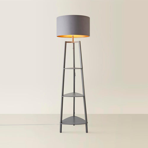 Grey Wooden Floor Lamp with Shelves Tall Storage Standing Light Grey Shade