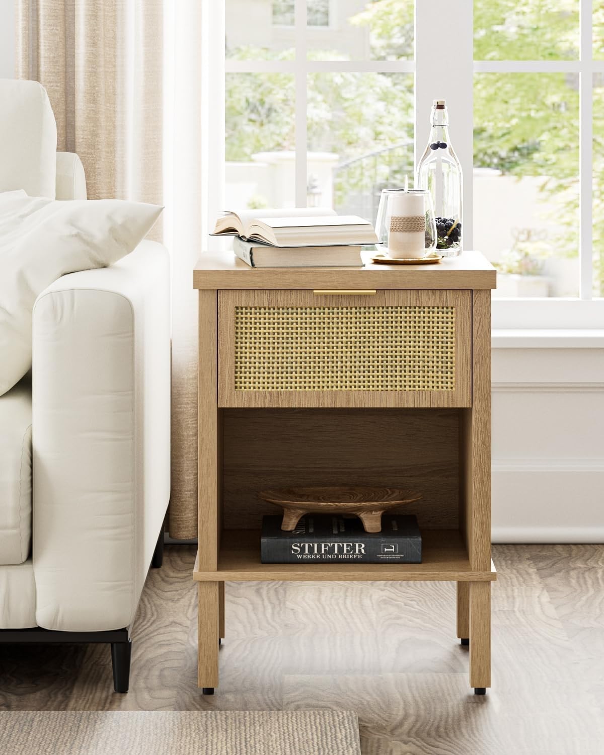 Rattan Wood Bedside Table with Drawer & Shelf – Boho Oak Nightstand