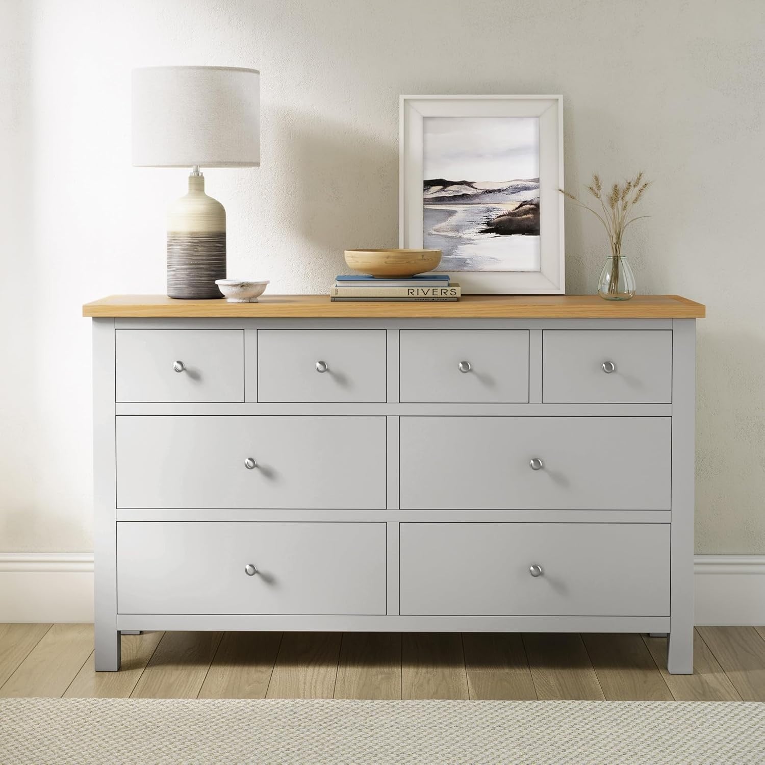 Grey 8 Drawer Chest with Oak Top – Large Solid Wood Bedroom Storage Unit