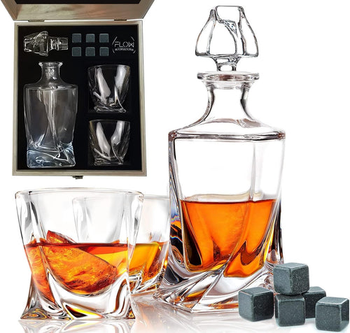 750ml Whiskey Decanter Set Twist Design with 2 Glasses & Stones Luxury Gift Men