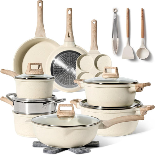 21Pcs Beige Non-Stick Granite Cookware Set Induction Ready Pots & Pans