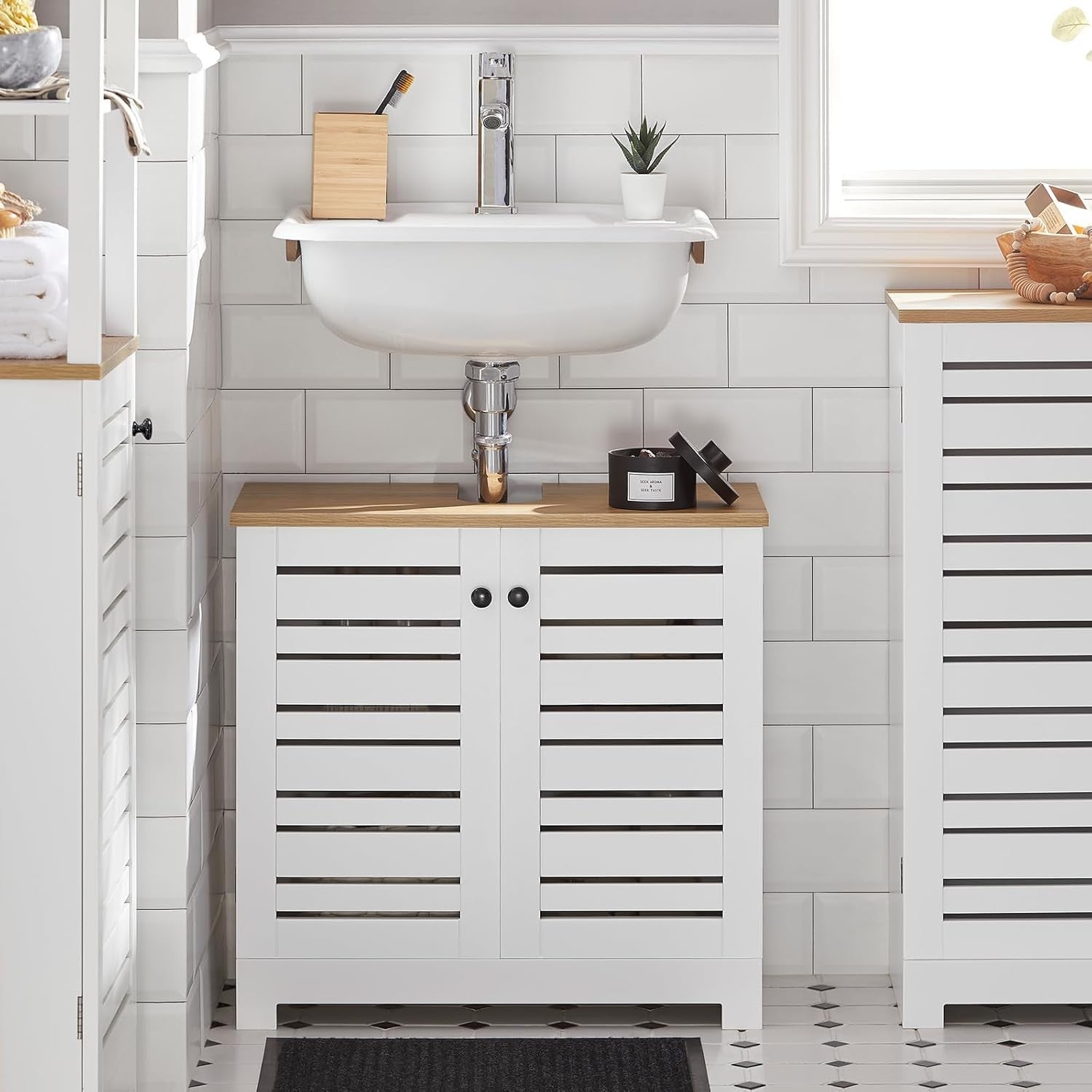 White Under Sink Bathroom Cabinet 60x59x30cm Adjustable Shelf Vanity Unit