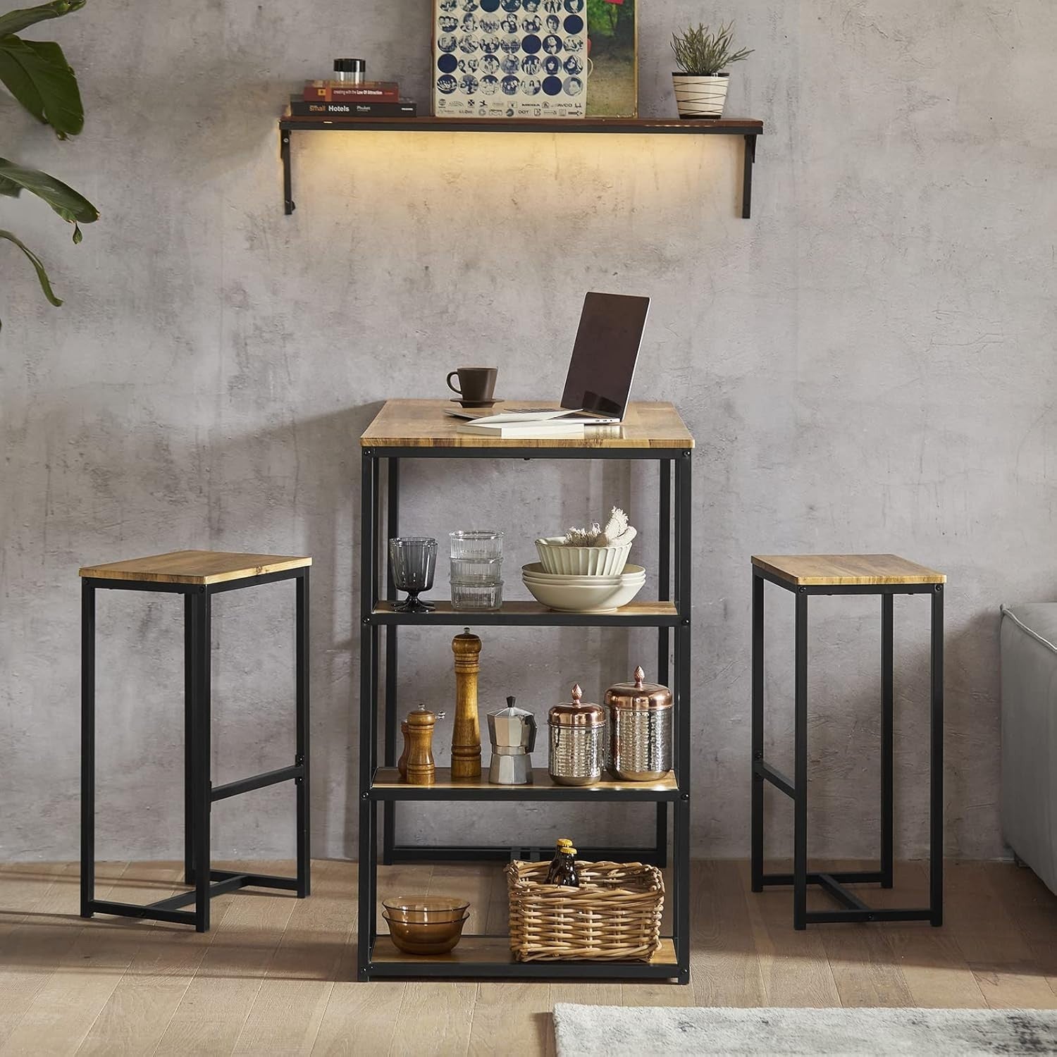 3 Piece Breakfast Bar Table Set with Shelves & 2 High Stools Dining Kitchen
