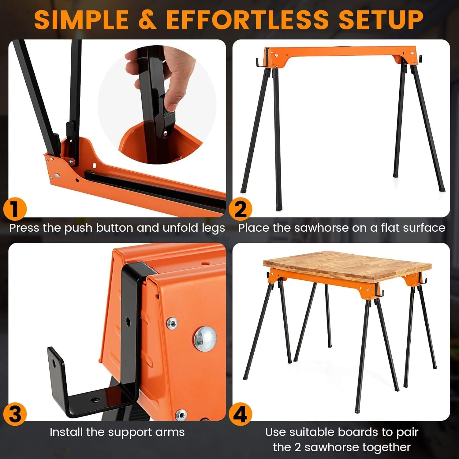 Folding Sawhorse Twin Pack Heavy Duty 454kg 2x4 Support Arms Orange 92x48