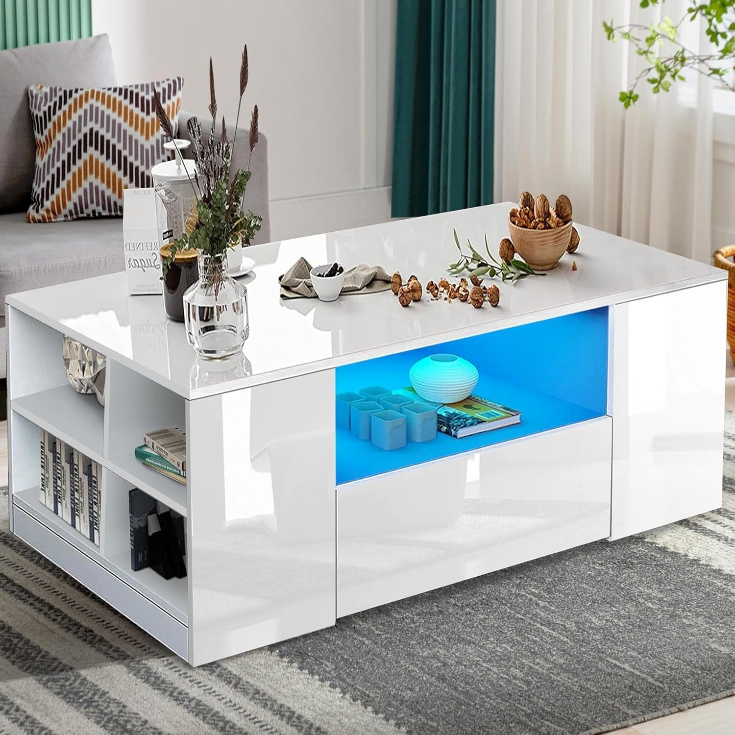 White High Gloss Coffee Table with LED RGB Lights & Storage 95x55x37cm