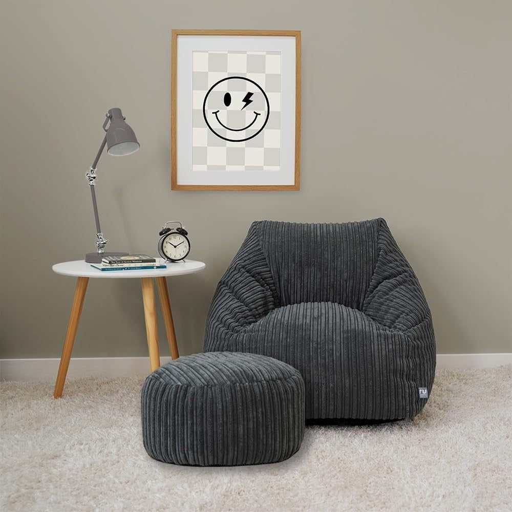 Kids Grey Corduroy Bean Bag Chair + Footstool – Washable, 70x80x60cm