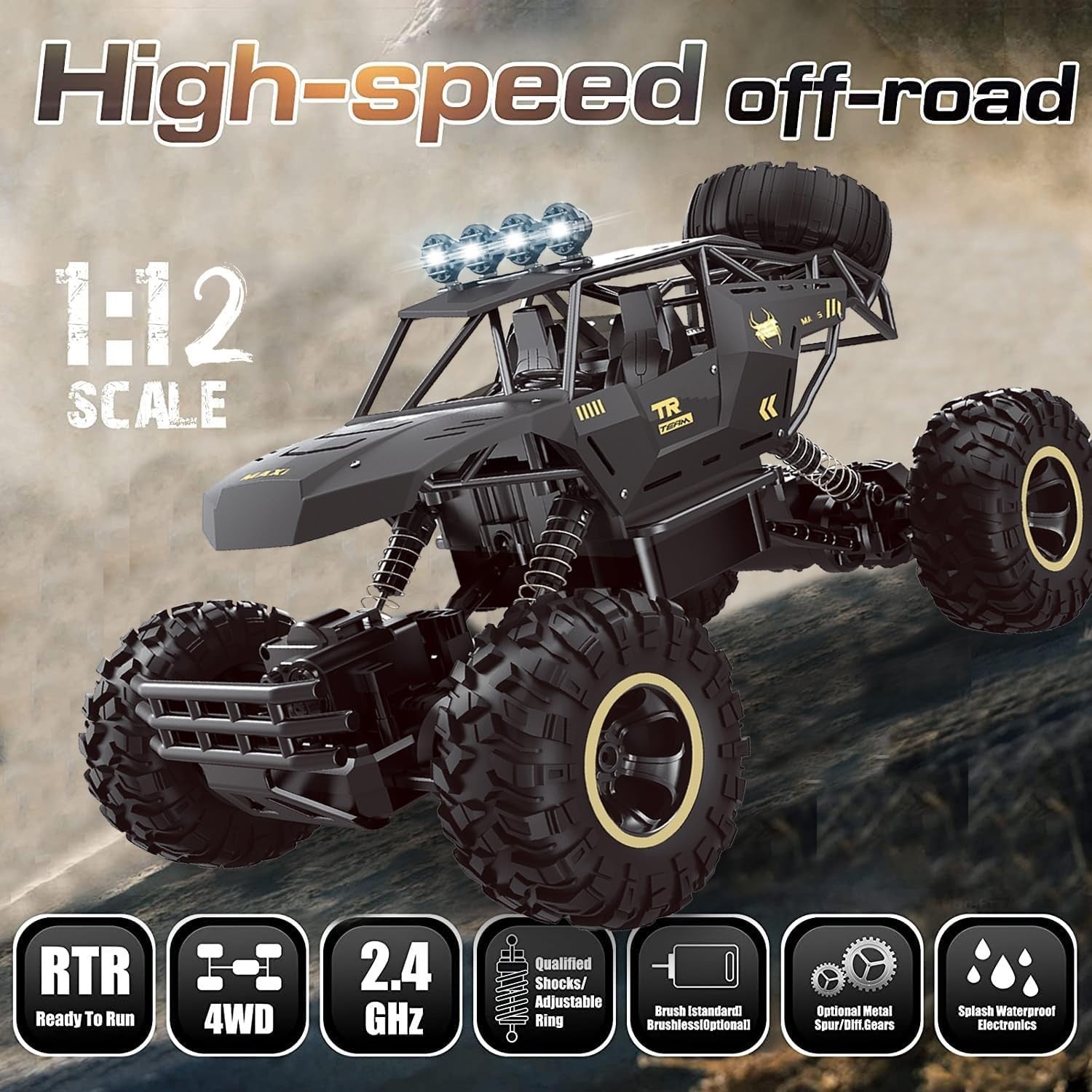 1:12 RC Monster Truck 4WD 2.4GHz Rock Crawler Metal Shell LED Car with 2 Batteri