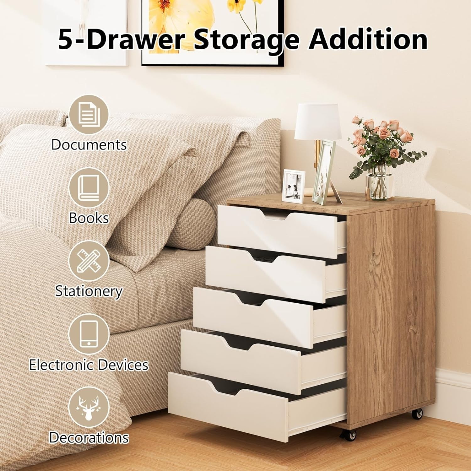 Natural Wood Mobile Filing Cabinet 5 Drawer Rolling Under Desk Storage
