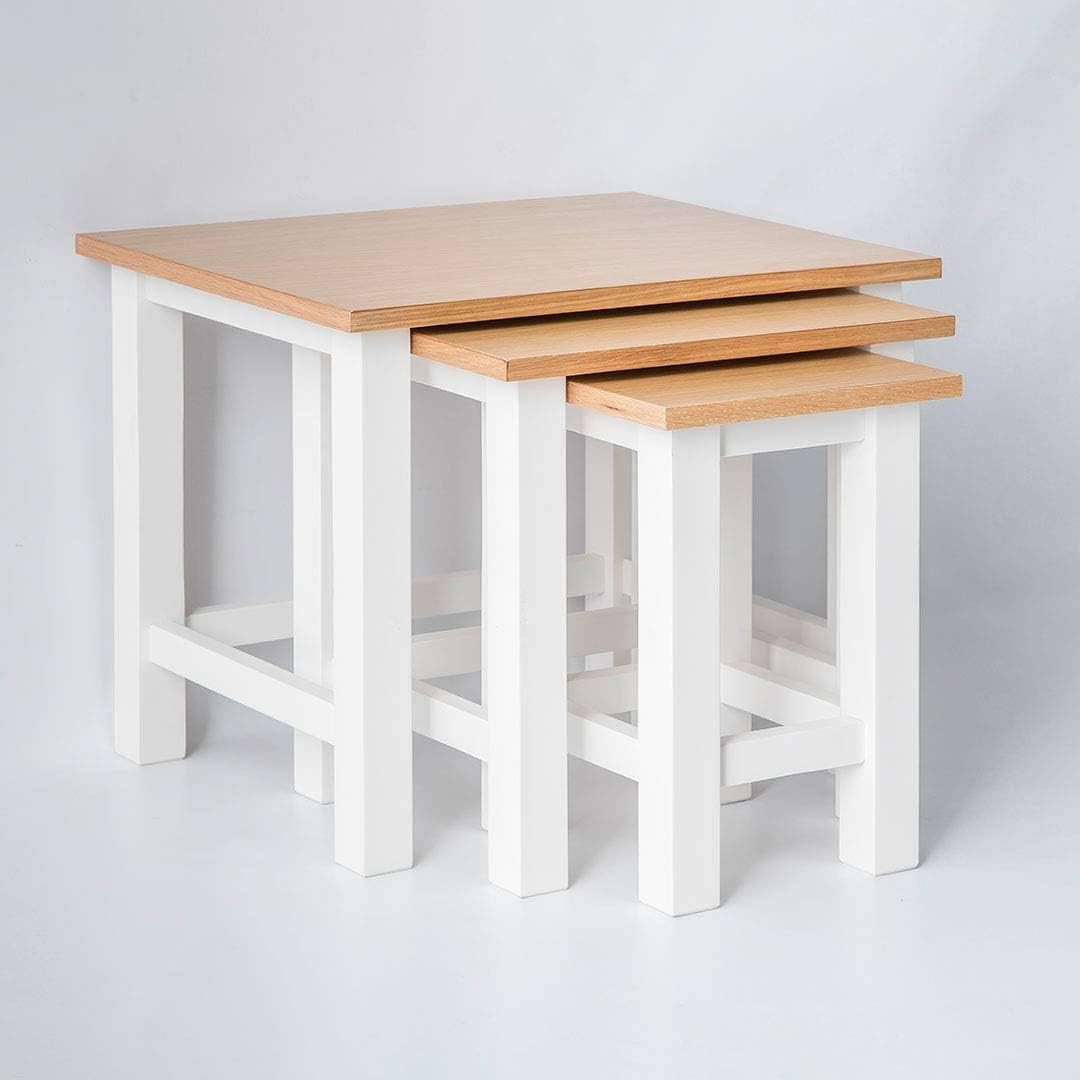 White Wood Nesting Coffee Tables Set of 3 Oak Top Contemporary Already Assembled
