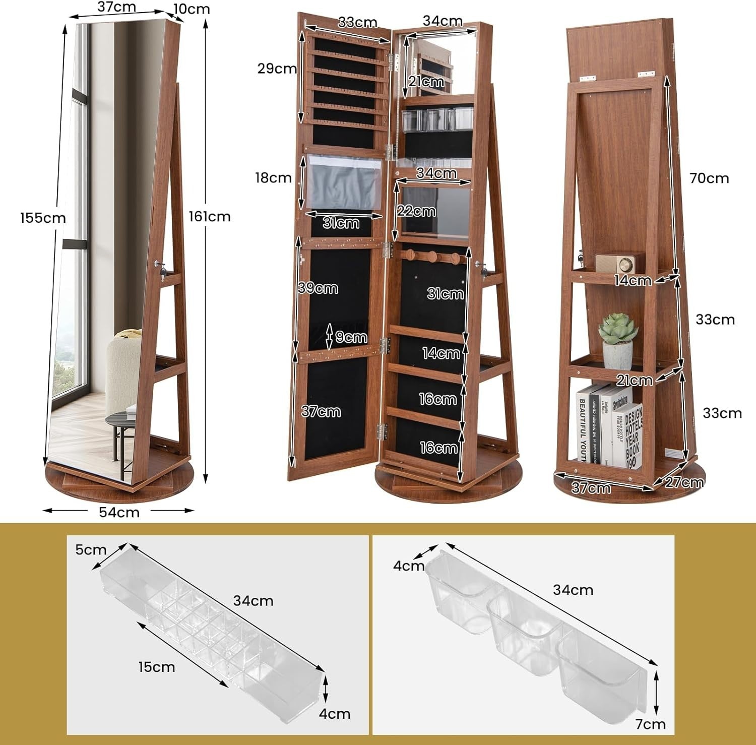 360° Swivel Jewelry Armoire Lockable Full Length Mirror LED Storage Brown