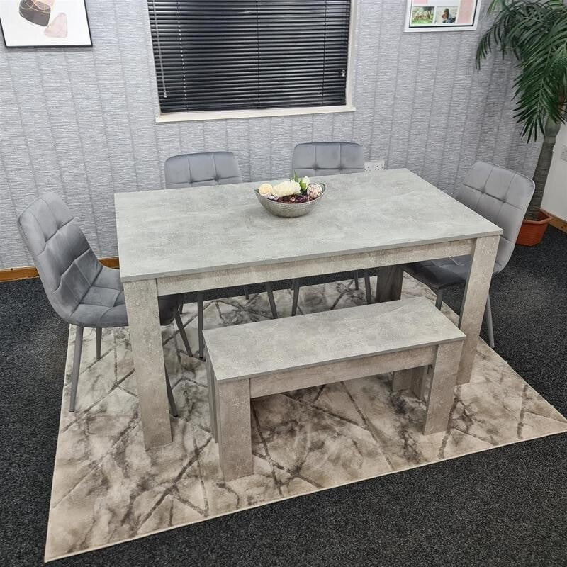 Grey MDF Dining Table Set with 4 Padded Chairs & Bench for Kitchen Room