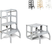 Montessori Kitchen Helper Tower 2-in-1 Table Stool Grey 90cm Birch Wood
