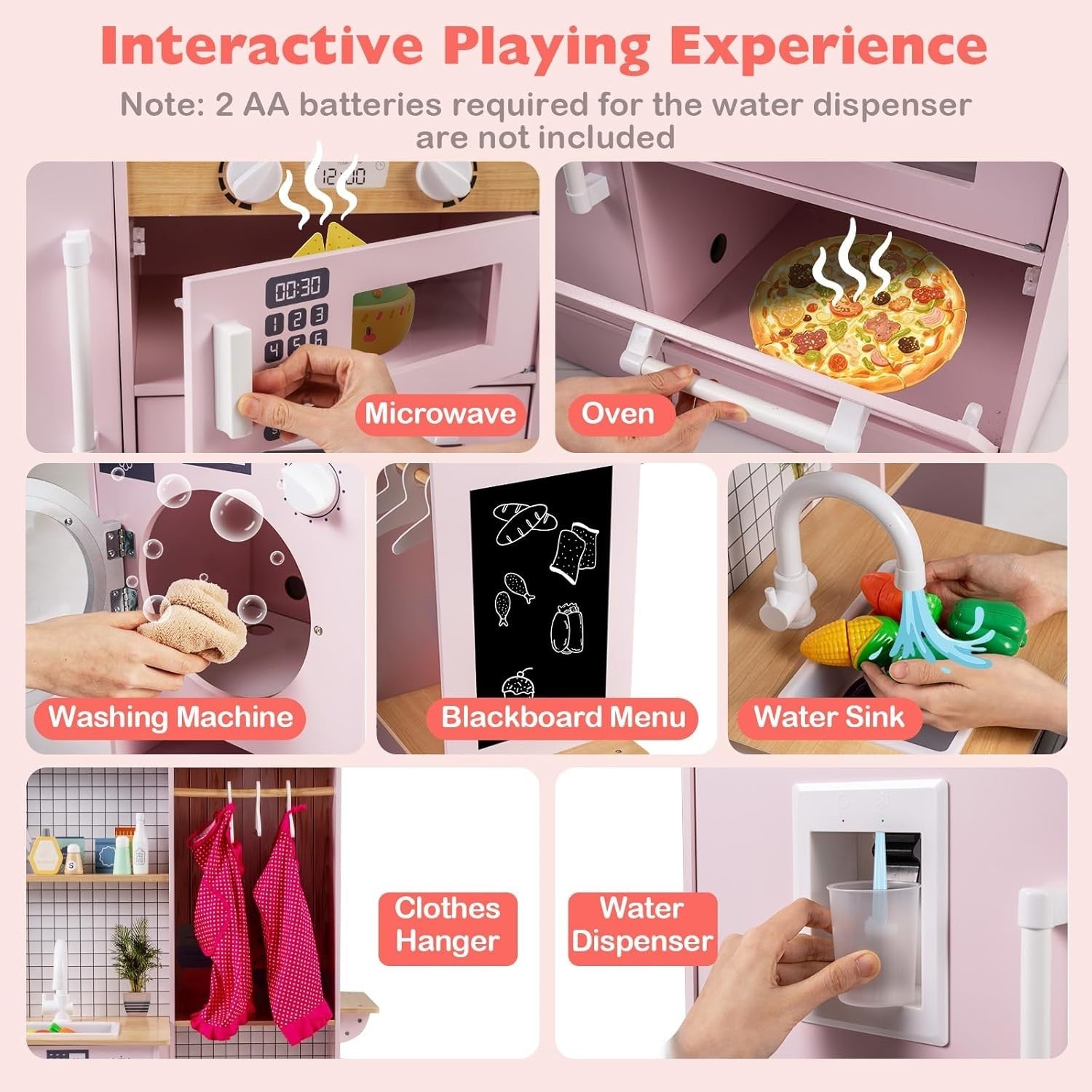 Kids Wooden Play Kitchen Laundry Set Lights Sounds Pink Toy Kitchen