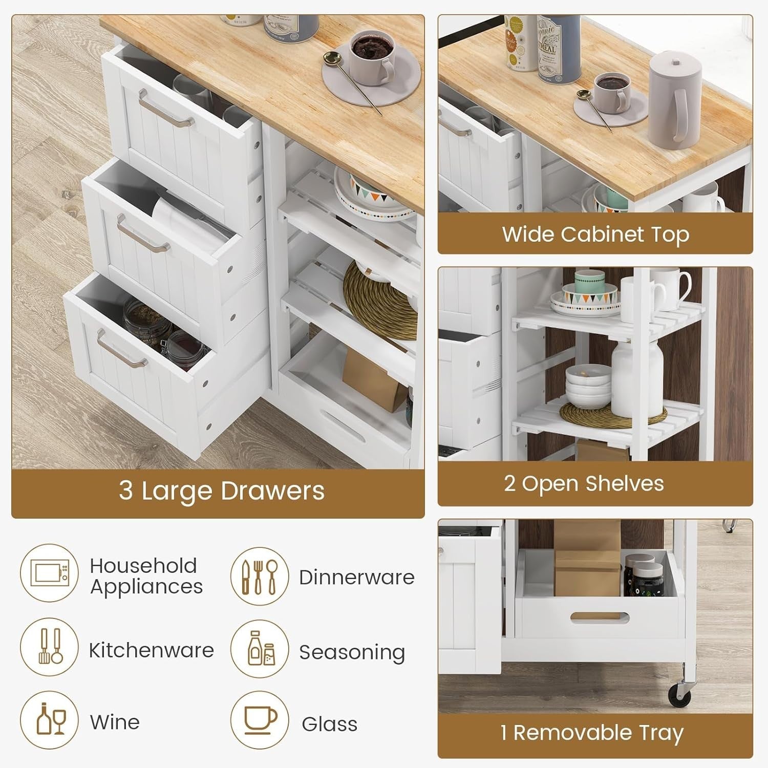 White Kitchen Island Cart 3 Drawers Rolling Trolley