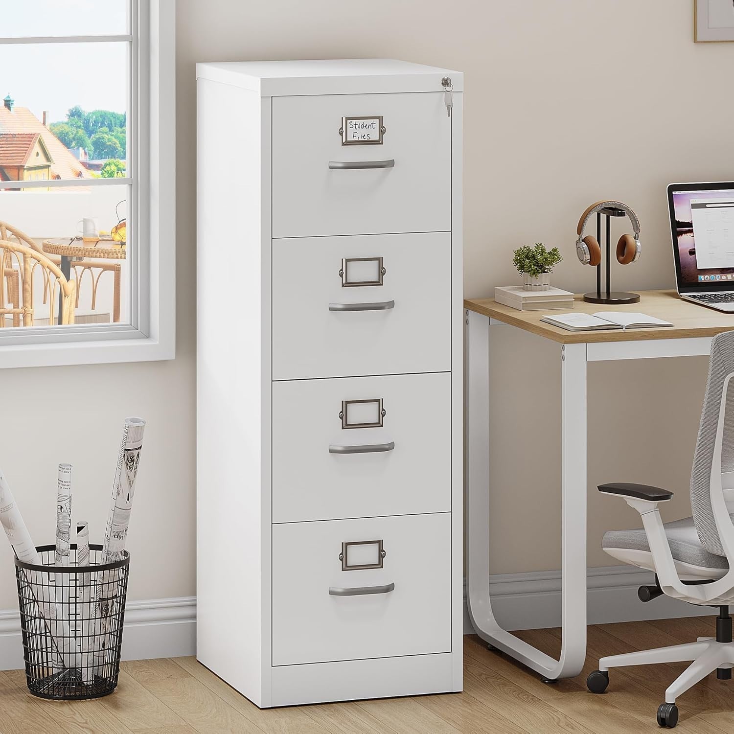 White 4 Drawer Lockable Filing Cabinet Anti Tip Vertical A4 Office Storage